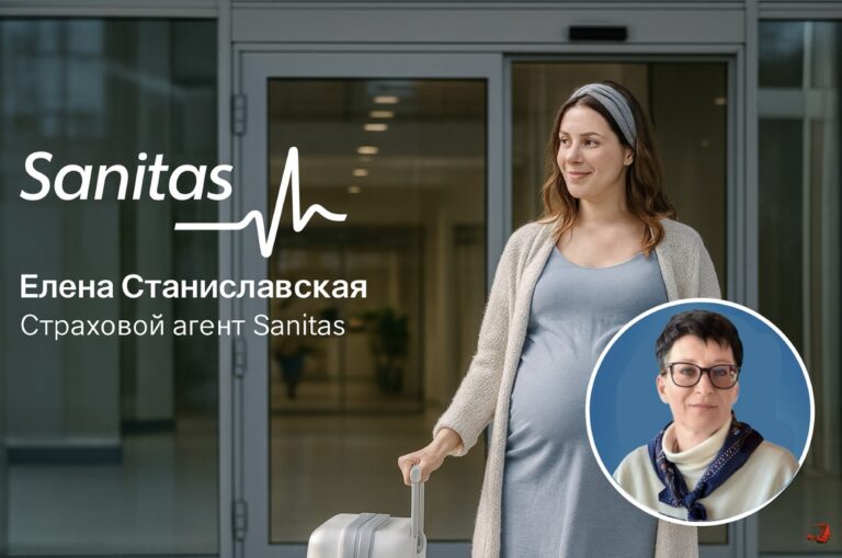 Беременность в Испании — частная и государственная медицина Беременная женщина у входа в госпиталь и портрет страхового агента Sanitas
