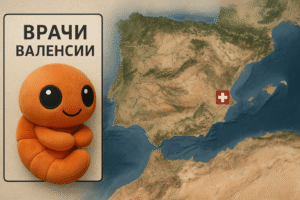 Карта Испании с выделенной Валенсией красным медицинским крестом, рядом изображена оранжевая креветка-маскот и надпись «Врачи Валенсии»