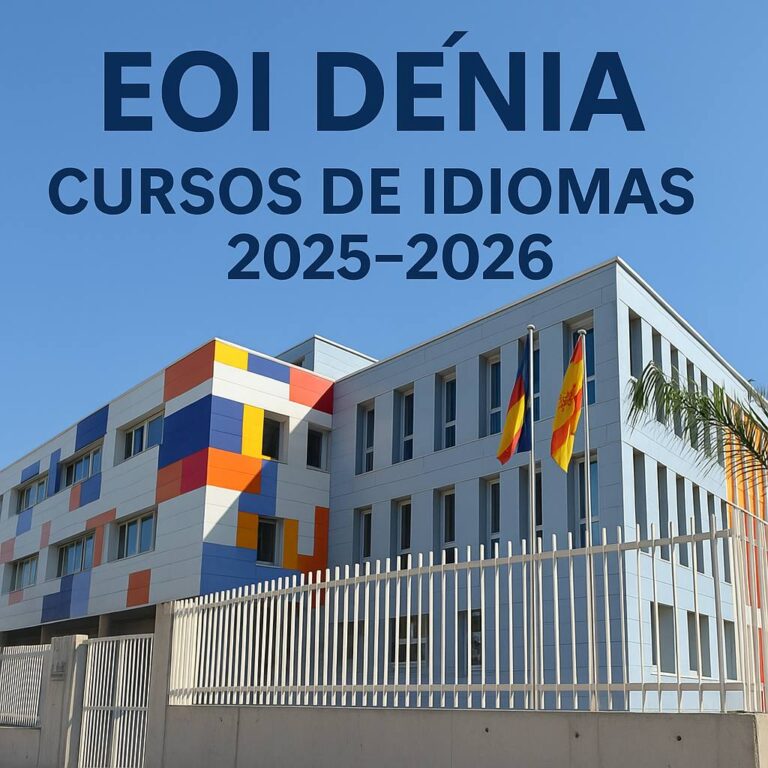 Escuelas Oficiales de Idiomas (EOI) в Испании: полное руководство Фасад школы EOI Dénia с современным зданием, флагами Испании и Валенсии и креветкой-маскотом, выглядывающей из окна.