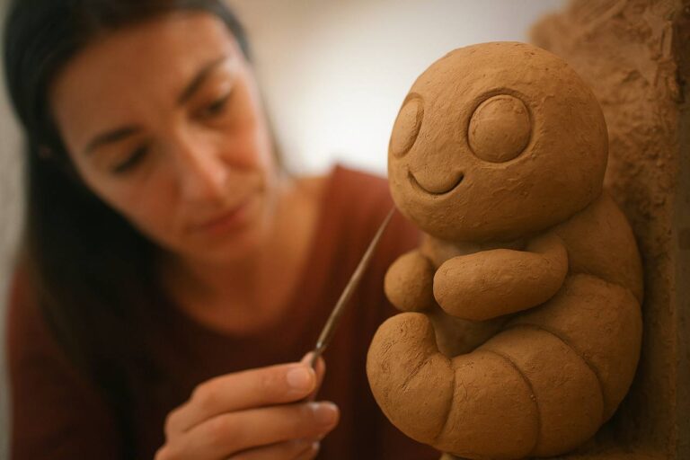 Школа искусства в Дении — Delafont Art Studio Женщина-скульптор лепит из глины фигурку оранжевой креветки-маскота с большими глазами в студии Delafont в Дении.