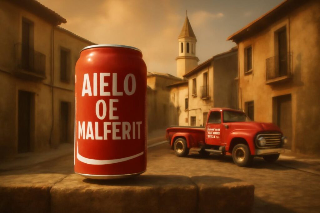 Красная банка с надписью «Aielo de Malferit» на фоне старинной улицы в Валенсии и ретро-грузовика.