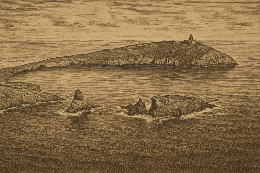 Ретро-гравюра острова Колумбретес (Islas Columbretes) с маяком на Илья Гросса (Illa Grossa)
