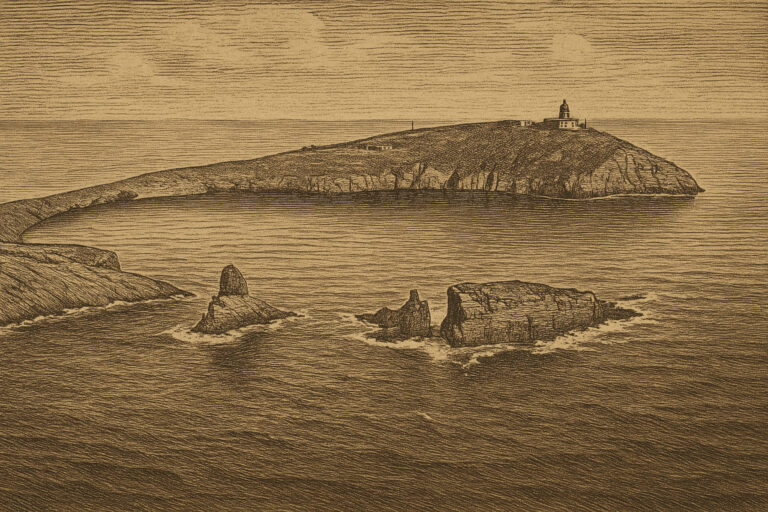 Ретро-гравюра острова Колумбретес (Islas Columbretes) с маяком на Илья Гросса (Illa Grossa)