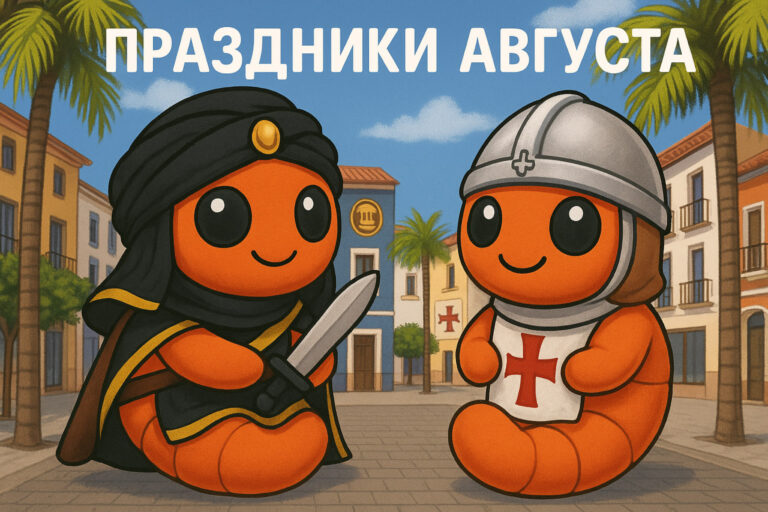 Две оранжевые креветки-маскоты в костюмах мавра и христианина на фоне улиц Дении с надписью «Праздники августа»