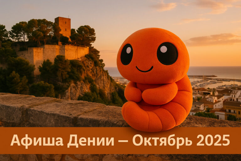 Афиша октября Дении и Марина Альты Плюшевая креветка на фоне замка Дении с надписью «Афиша Дении — Октябрь 2025»