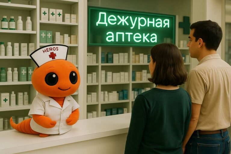 Фармацевт за стойкой аптеки консультирует посетителей, на фоне полки с лекарствами и неоновая вывеска «Дежурная аптека».
