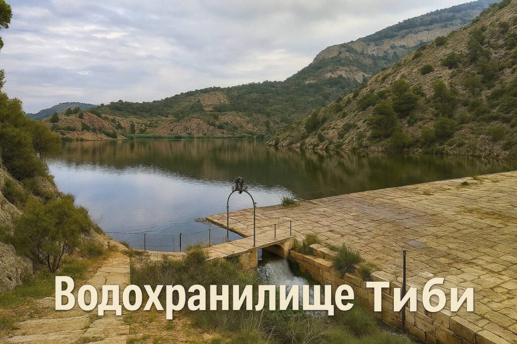 Реалистичное фото водохранилища Тиби (Pantano de Tibi) в горах Аликанте, Испания: отражение облаков в спокойной воде, старинная каменная плотина XVI века, окружённая зелёными склонами и природой.