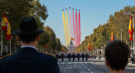 Парад в Мадриде на День Испании (Fiesta Nacional de España): испанские флаги, королевская гвардия и самолёты с дымом цветов флага над городом.