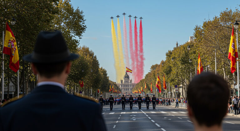 Парад в Мадриде на День Испании (Fiesta Nacional de España): испанские флаги, королевская гвардия и самолёты с дымом цветов флага над городом.