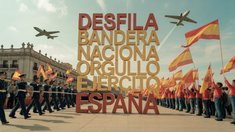 Коллаж на тему Дня Испании (Fiesta Nacional de España): солдаты, флаги, самолёты и ключевые испанские слова — desfile, bandera, orgullo, ejército, rey.