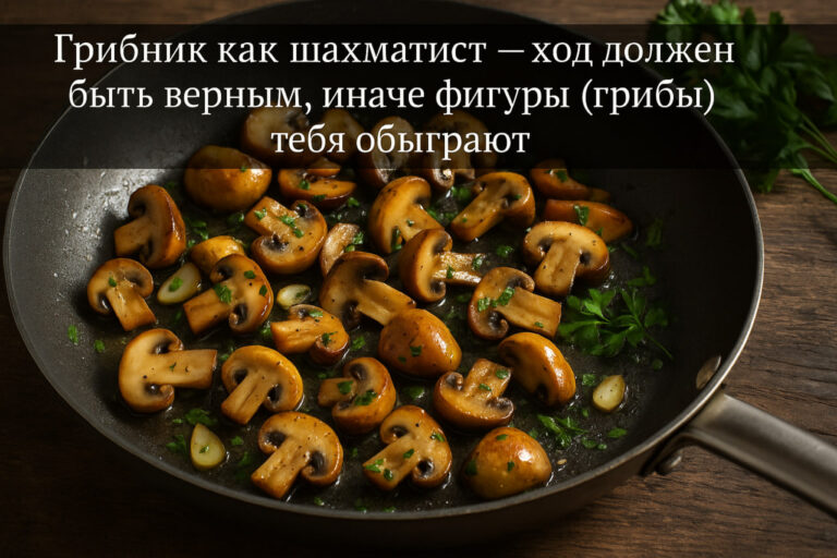 Жареные грибы на сковороде с зеленью и чесноком, рядом надпись «Грибник как шахматист — ход должен быть верным, иначе фигуры (грибы) тебя обыграют».