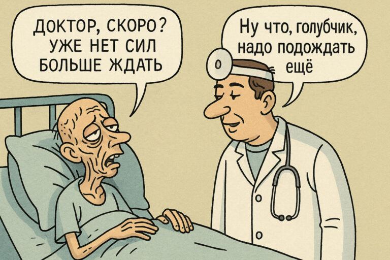 Карикатура: пожилой пациент в больничной кровати спрашивает врача, когда же его наконец прооперируют. Доктор спокойно отвечает, что нужно подождать ещё.