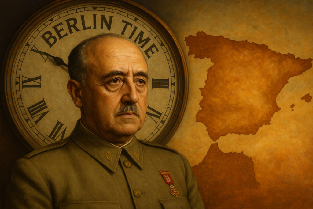 Портрет Франсиско Франко на фоне часов с надписью «Berlin Time» и карты Испании, символизирующий переход страны на немецкое время в 1940 году