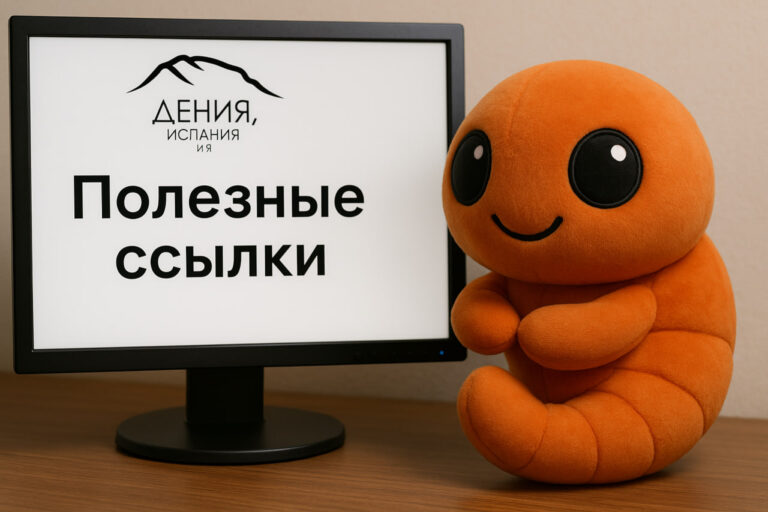Оранжевая плюшевая креветка сидит рядом с монитором, на котором написано «Полезные ссылки» и логотипом «Дения, Испания и я».