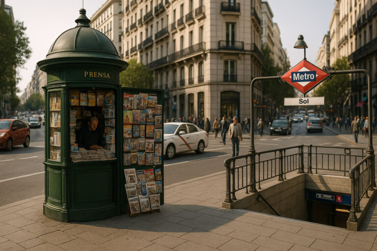 🗞️ Medios de comunicación masivos — Средства массовой информации Газетный киоск у входа в метро Sol в центре Мадрида. Утро, по улице идут прохожие, проезжают автомобили.