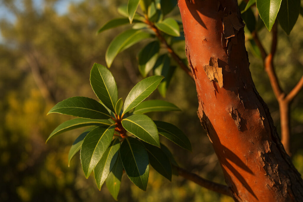 Крупным планом листья и красная кора земляничного дерева Arbutus unedo на солнце, символ живучести и обновления природы Средиземноморья
