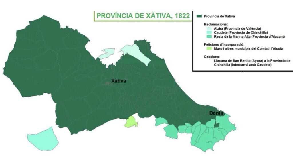 Историческая карта провинции Хатива (Xàtiva) 1822 года, созданной в период либеральных реформ. На карте показаны города Дения (Dénia), Пего (Pego), Ондaра (Ondara) и другие муниципалитеты Марина-Альта (Marina Alta), входившие в состав новой провинции.