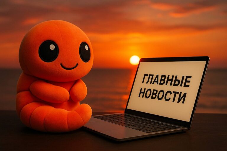Оранжевая плюшевая креветка-маскот сидит у моря на закате с ноутбуком, на экране которого написано «Главные новости».