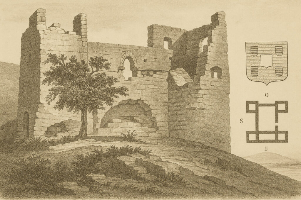 Литографическое изображение замка Кастель-д’Олимброи (Castell d’Olimbroi) в Дении, Аликанте — средневековая крепость с четырьмя башнями на холме Сан-Николау, выполненная в стиле XIX века