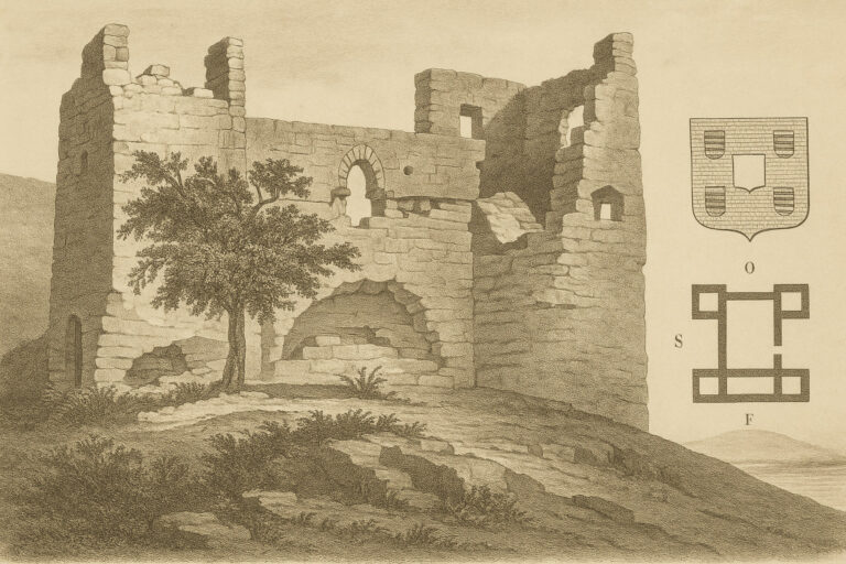 Литографическое изображение замка Кастель-д’Олимброи (Castell d’Olimbroi) в Дении, Аликанте — средневековая крепость с четырьмя башнями на холме Сан-Николау, выполненная в стиле XIX века