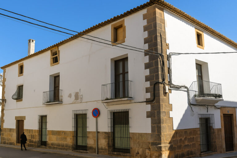 🏛 Casa dels Xolbi (Casa Candelaria): дворец XV века в сердце Хавии Фасад старинного дома Шольби в Хавии с белыми стенами, каменными углами и коваными балконами