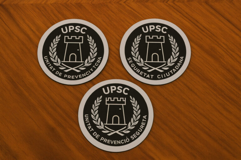 Эмблемы нового подразделения полиции Дении UPSC с изображением башни Герро на деревянной поверхности.