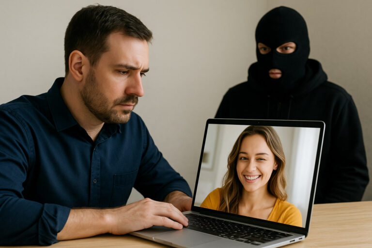Мужчина перед ноутбуком с видеочатом, на экране улыбающаяся девушка, за спиной — мужчина в маске вора.
