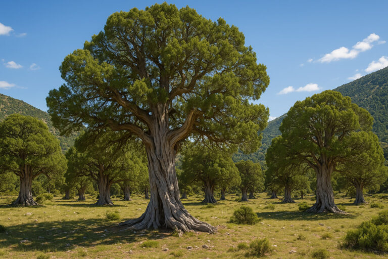 🌲 Сабинар де Лас Бланкас — валенсийский лес, который может стать «Лесом года» в Испании 2026. Голосуем за наш лес! Древние сабины Сабинара де Лас Бланкас в солнечный день, густые зелёные кроны и серебристые стволы на фоне гор.