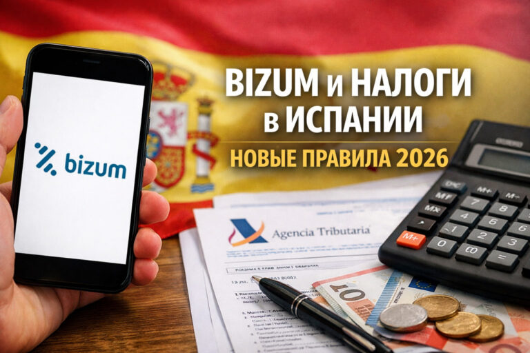 Bizum и налоговый контроль в Испании с 2026 года: смартфон с приложением Bizum, документы Agencia Tributaria и калькулятор