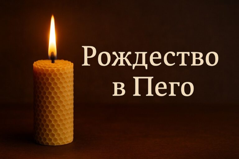 Реалистичная рождественская свеча из натурального пчелиного воска на тёмном фоне с надписью «Рождество в Пего»