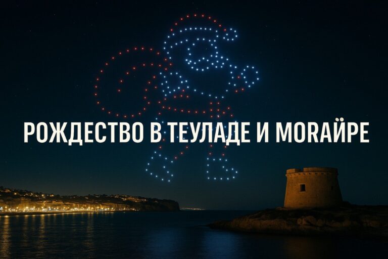 Рождество в Теуладе и Морайре Рождественское шоу дронов в Морайре с фигурой Санта-Клауса в ночном небе и башней на побережье.