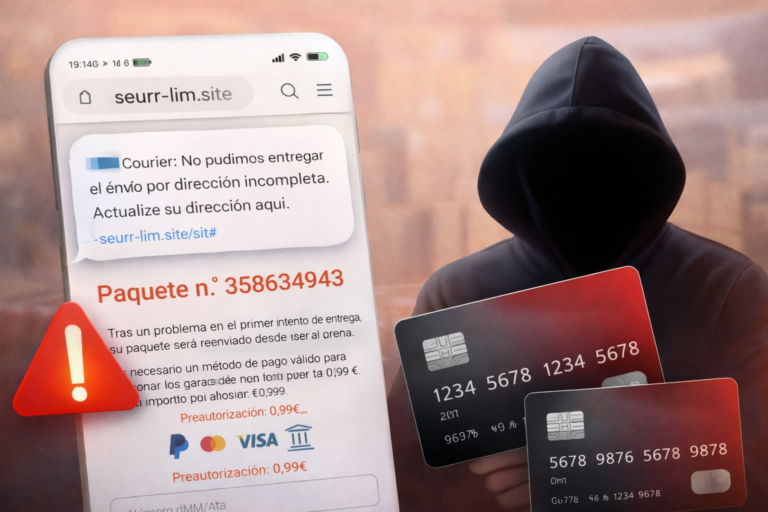 ВНИМАНИЕ: мошенничество под видом доставки SEUR Иллюстрация мошеннической схемы с поддельным сайтом службы доставки и запросом данных банковской карты. Изображение создано с использованием искусственного интеллекта.