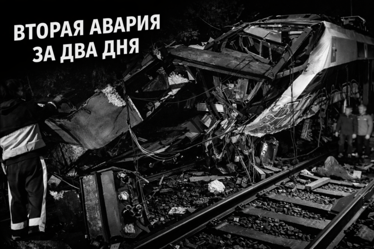 Вторая серьёзная железнодорожная авария в Испании за два дня: в Каталонии погиб машинист, десятки пострадавших Чёрно-белое изображение последствий железнодорожной аварии в Каталонии: разрушенный поезд Rodalies на путях после столкновения с обрушившейся стеной.