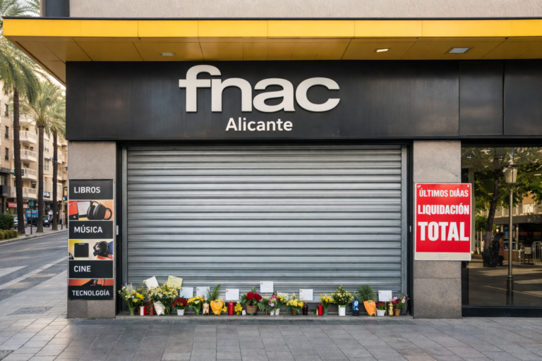 Закрытый магазин ФНАК (FNAC) в Аликанте на Авенида де ла Эстасьон, опущенные металлические роллеты и цветы у входа после закрытия культурного пространства. Изображение создано с помощью ИИ.