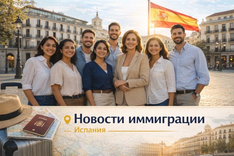 Как Испания уже проводила массовые легализации мигрантов — и почему это делали и левые, и правые правительства Новости об иммиграции в Испании — люди разных национальностей на городской площади на фоне испанского флага