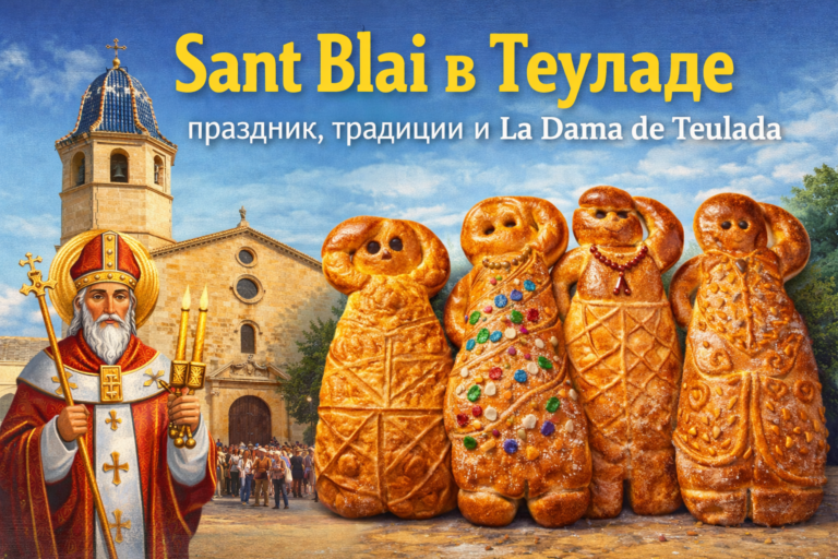 Традиционная «Дама Теулады» — фигурная сладкая выпечка ко дню Святого Власия (Sant Blai) на фоне церкви Теулады. Изображение создано с помощью ИИ.