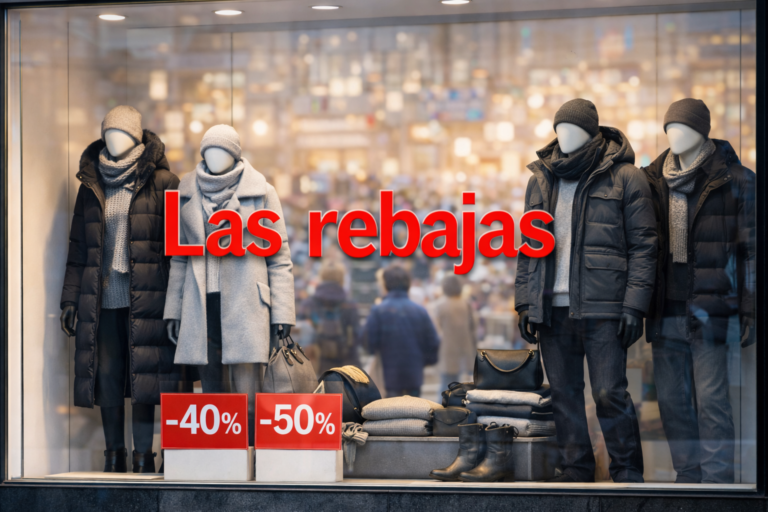 Витрина магазина в Испании с яркой надписью «Las rebajas» и зимними скидками до 50 %