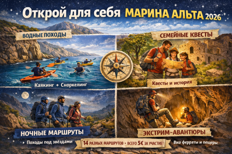 Горизонтальный постер программы «Открой для себя Марина Альта 2026» с водными маршрутами, семейными квестами, ночными походами и экстремальными приключениями.