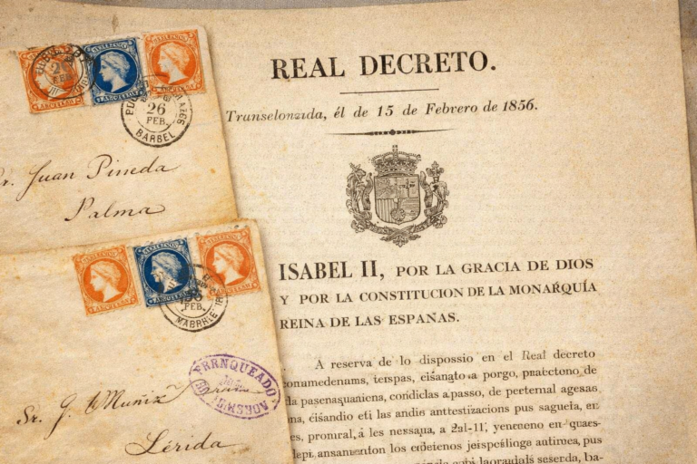 Марки на письмах в Испании: почтовая реформа 1856 года Коллаж писем XIX века с почтовыми марками и фрагмент Королевского декрета от 15 февраля 1856 года (Real Decreto de 15 de febrero de 1856)