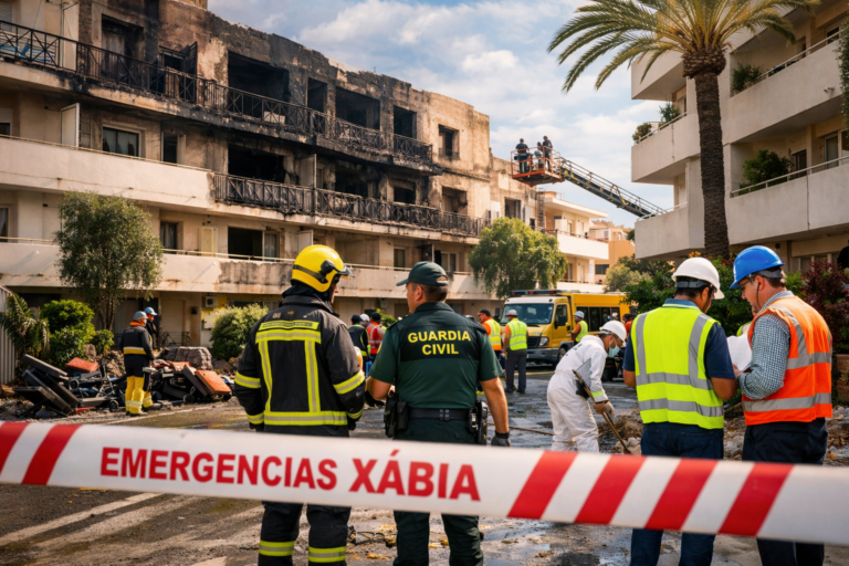 Жилой комплекс «Хавеа Парк» в Хавии после пожара: специалисты проверяют состояние здания, коммунальные и клининговые службы проводят восстановительные и санитарные работы. Последствия пожара в жилом комплексе «Хавеа Парк» в Хавии: повреждённый фасад, экстренные службы и технические специалисты на месте