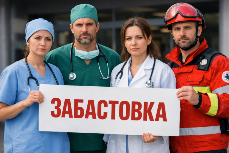 Врачи разных специальностей с плакатом «Забастовка» у входа в больницу