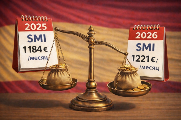Минимальная зарплата (SMI) в Испании в 2026 году: что предлагают, сколько сейчас, и кто реально выигрывает от повышения Сравнение минимальной зарплаты в Испании в 2025 и 2026 годах на весах с мешками золота и календарями