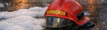 Пожарная каска с надписью BOMBEROS на мокром асфальте среди пены после тушения пожара