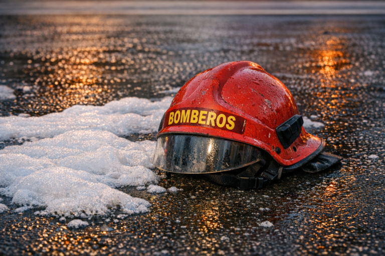 Пожарная каска с надписью BOMBEROS на мокром асфальте среди пены после тушения пожара
