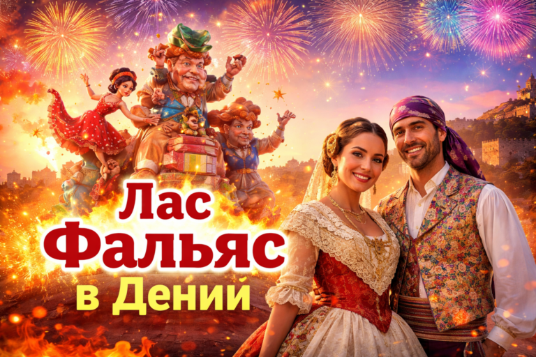 Лас Фальяс в Дении — фальера и фальеро в традиционных костюмах на фоне монумента фальи и праздничного салюта