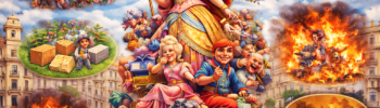 Коллаж сцен праздника Las Fallas в Валенсии с монументом фальи, ninots, мастерской артистов и сценой cremà.