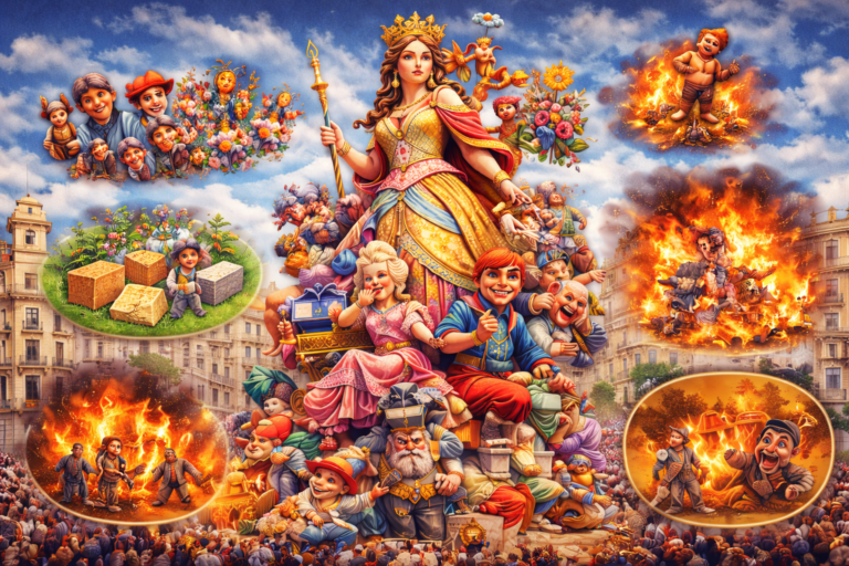 Коллаж сцен праздника Las Fallas в Валенсии с монументом фальи, ninots, мастерской артистов и сценой cremà.