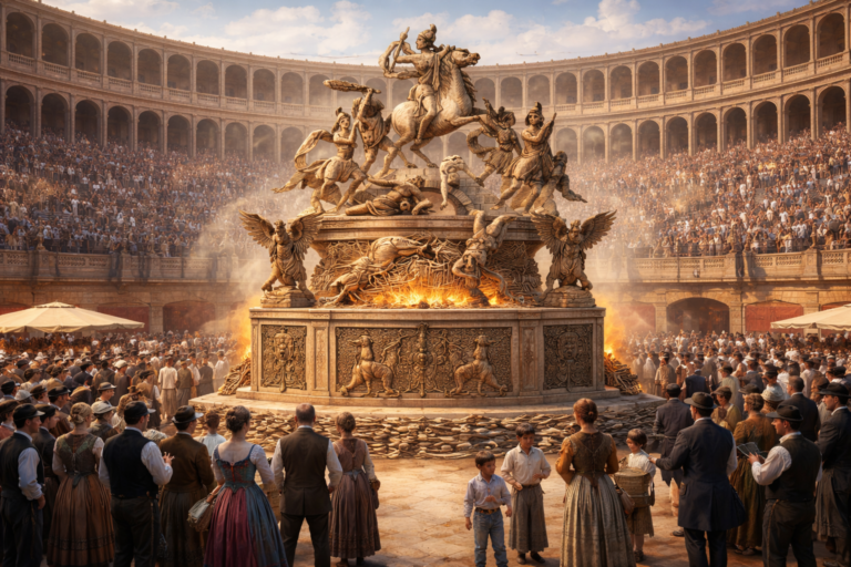 Фалья 1877 года внутри площади Пласа-де-Торос в Валенсии (Plaza de Toros de Valencia), реконструкция сцены XIX века с монументом и зрителями на арене