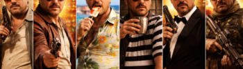 Коллаж из шести фильмов «Торренте» (Torrente) — герой в разных образах от первой части до «Торренте, президент» (2026)