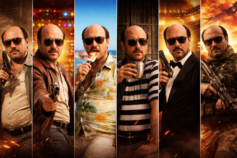 Коллаж из шести фильмов «Торренте» (Torrente) — герой в разных образах от первой части до «Торренте, президент» (2026)